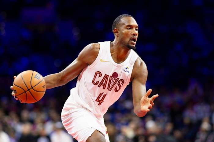 Nov 21, 2023; Philadelphia, Pennsylvania, USA; Cleveland Cavaliers forward Evan Mobley (4) in action against the Philadelphia 76ers during the second quarter at Wells Fargo Center.